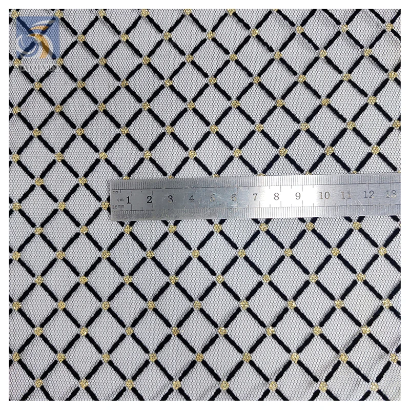 Direct Sales Square Plaid Flocking 36A Polyester Soft Net Mesh Fabric Gold Sparkle Glitter Dot on Tulle Mesh Fabric for Dress - 图片 5