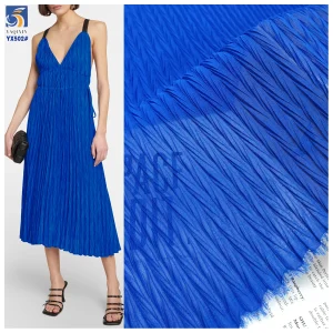YX502 Sapphire Blue Custom Pleated Fabric 100% Polyester Pleated Chiffon Fabric for Dresses
