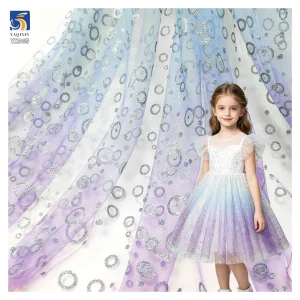 YX965 Blue Purple Gradient Polyester Mesh Glitter-Print Silver Circle Pattern Design Tulle Fabric for Children's Princess Dress