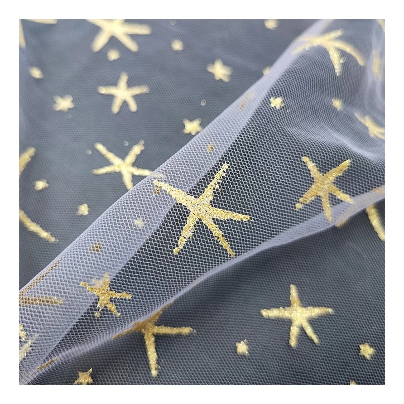SG26 Customize Polyester Mesh Tulle Lace Fabric with Glitter Golden Star Tulle Baby Tutu Dress Lace Fabric - 图片 4