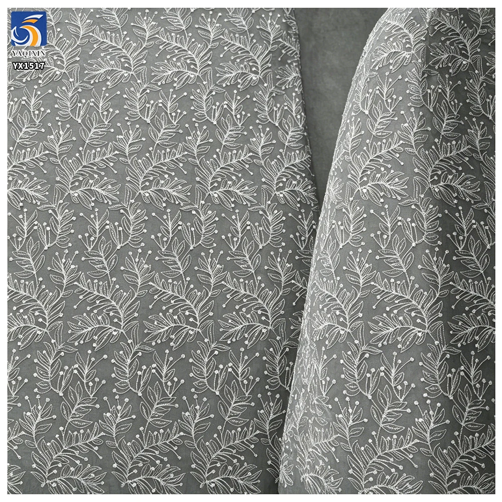 YX1517 Wholesale White Leaf Pattern Embroidered Tulle Fabric With 3mm Sequins for Gown Ladies Apparel - 图片 4