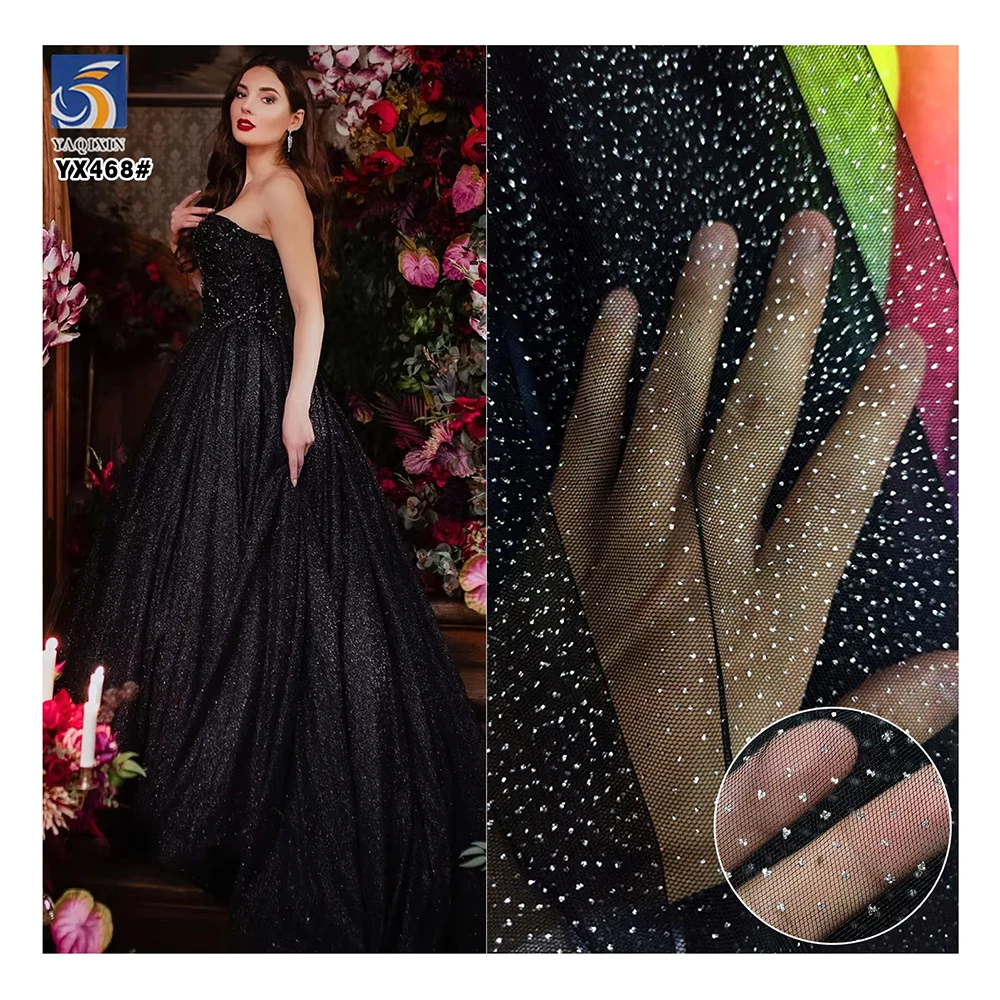 YX468 No Falling Sparkle Glitter Tulle Wedding Polyester Black Hard Tulle Mesh Fabric With Glitter Dust