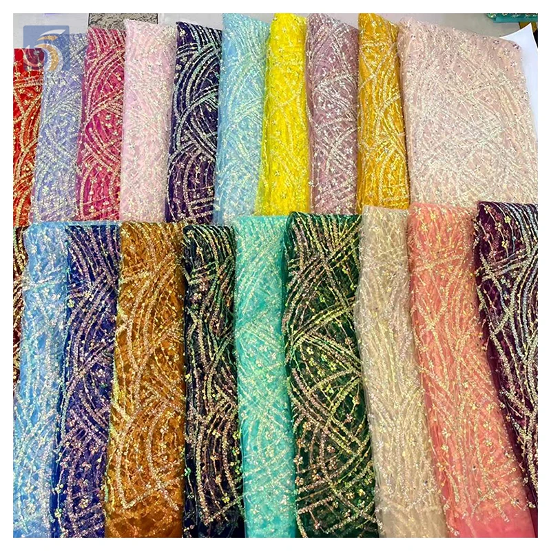 French Laces Fabrics High Quality Tulle Embroidery Golden Floral Fabric African Shiny Glitter Tassel Lace Fabric - 图片 3