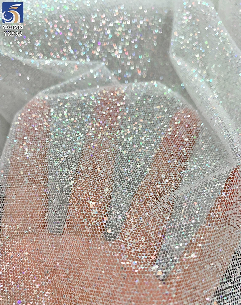 YX992 2026 Holographic Super White Dust Glitter Tulle Fabric Soft Flash Spark Glitter Mesh Wedding Bride Fabrics Wedding - 图片 4