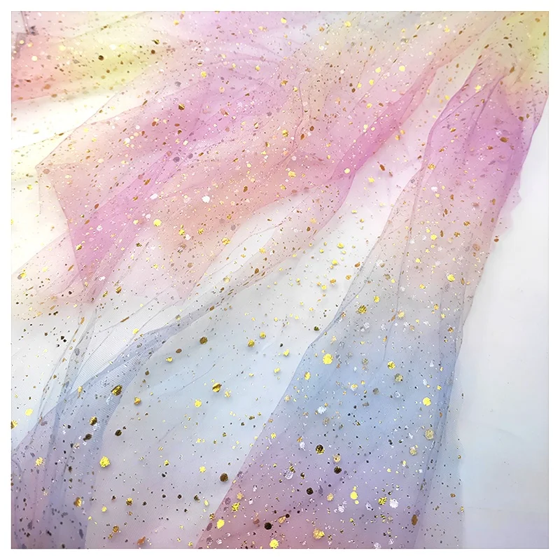 DX152 Rainbow Gradient Polka Dot Digital Foil Printed Glitter Gauze Fabric Party Dress Cloth - 图片 3