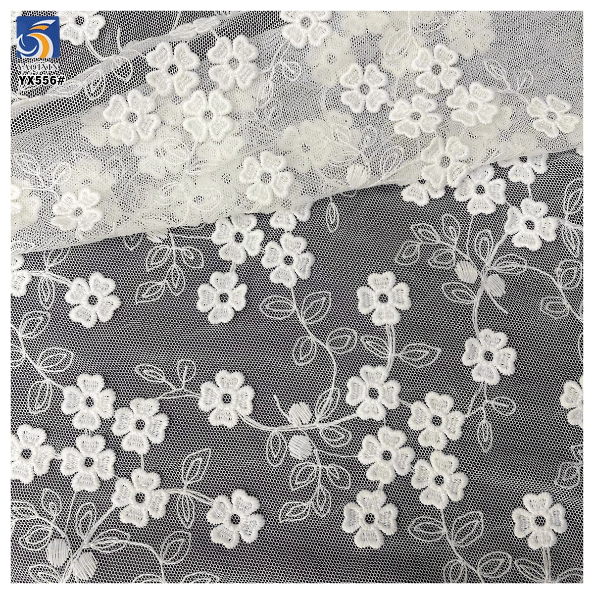YX556 High Quality Milk Silk White 100% Polyester Mesh Fabric White Floral Embroidery Fabric for Kids Dresses - 图片 3
