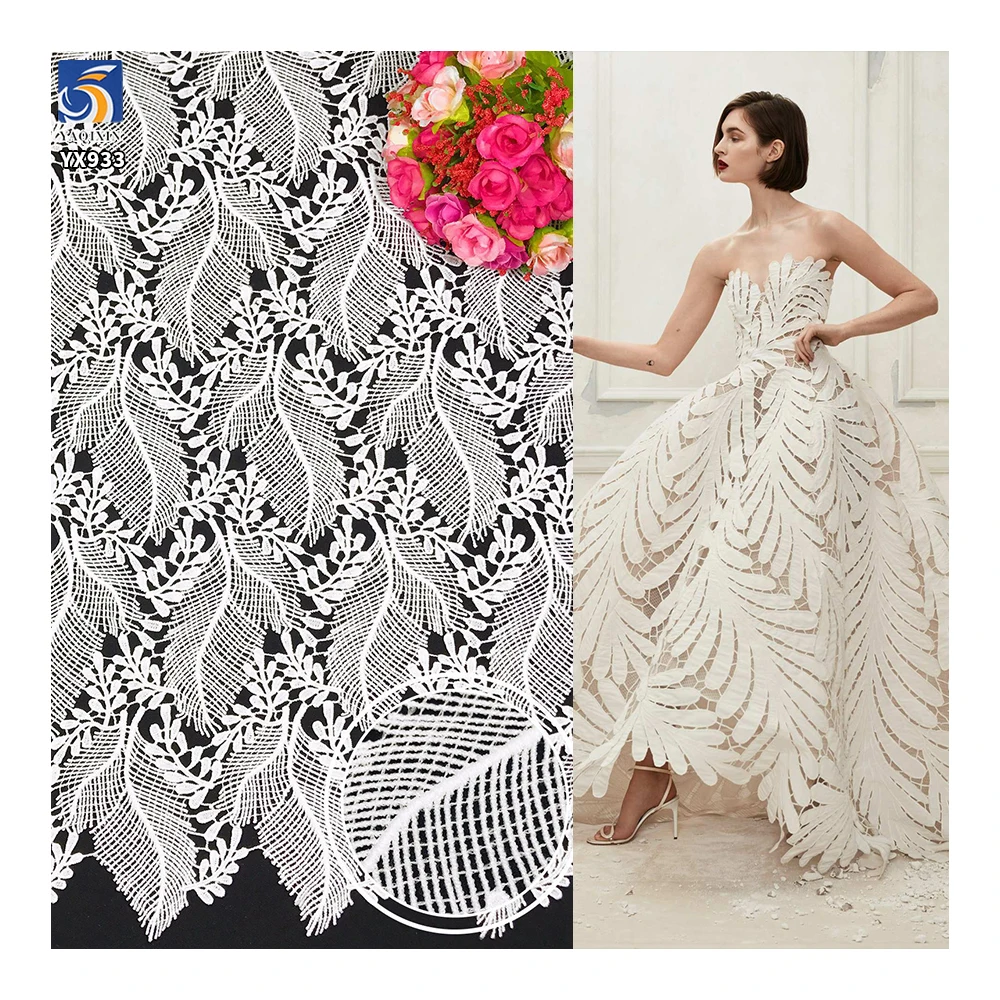 YX933 Latest Design 150gsm Water Soluble Feather Lace Fabric High Quality Full-Length Milk Silk Eyelash Lace Dress Fabric