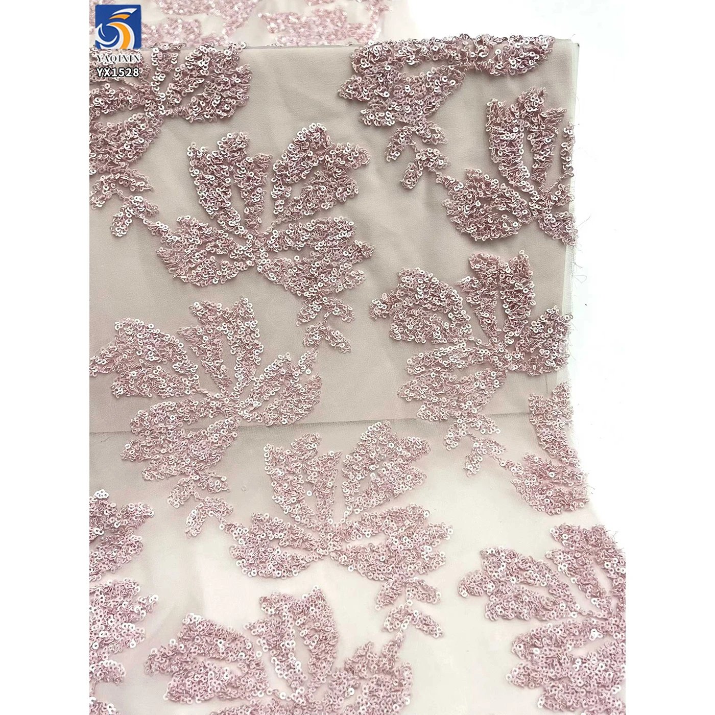 YX1528 Wholesale Shiny Floral Sequin Embroidery Chiffon Fabric for Evening Dress - 图片 3