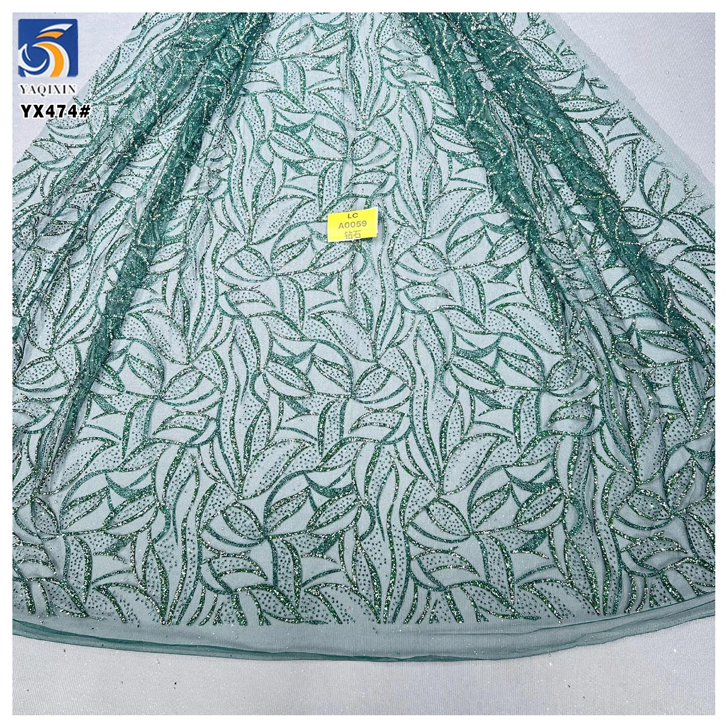 YX474 Green Leaf Latest Design Dress Wedding Tulle Polyester Diamond Glitter Sparkle Tulle Fabric Mint Green Lace Fabric - 图片 3