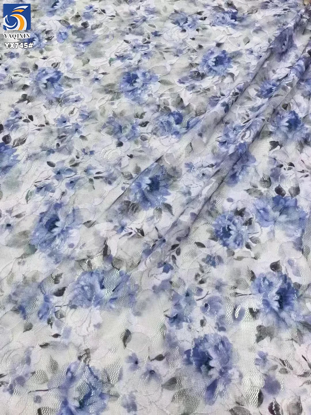 YX745 High Quality Good Quality Blue and White Floral-Print Spandex Stretch Chantilly Lace Mesh Fabric for Dress/Skirts - 图片 2