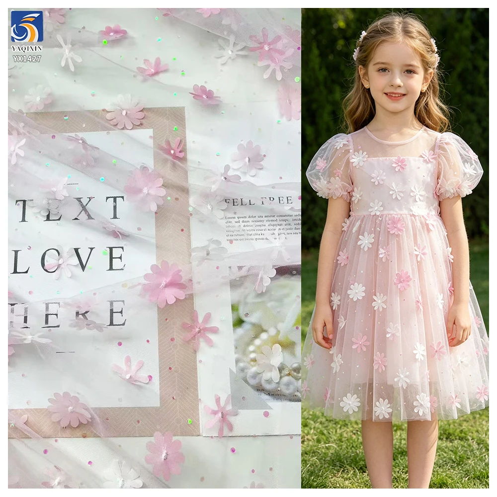 YX1427 Wholesale 3D Florals Embroidery Tulle Mesh Fabric Children Dress Soft 3D Net Lace Pastel OEM ODM Factory