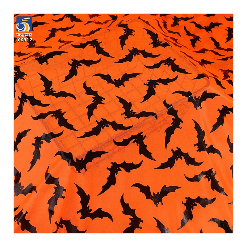 YX912 2026 New Design Black Bats Foil Print Mesh Tulle Orange Halloween Fabric Knitted Printing Halloween Mesh Fabric - 图片 5