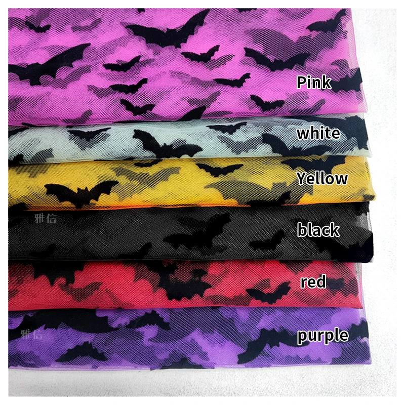 New Design Fancy Children Tulle Fabric Flocking Halloween Black Bat Mesh Fabric - 图片 6