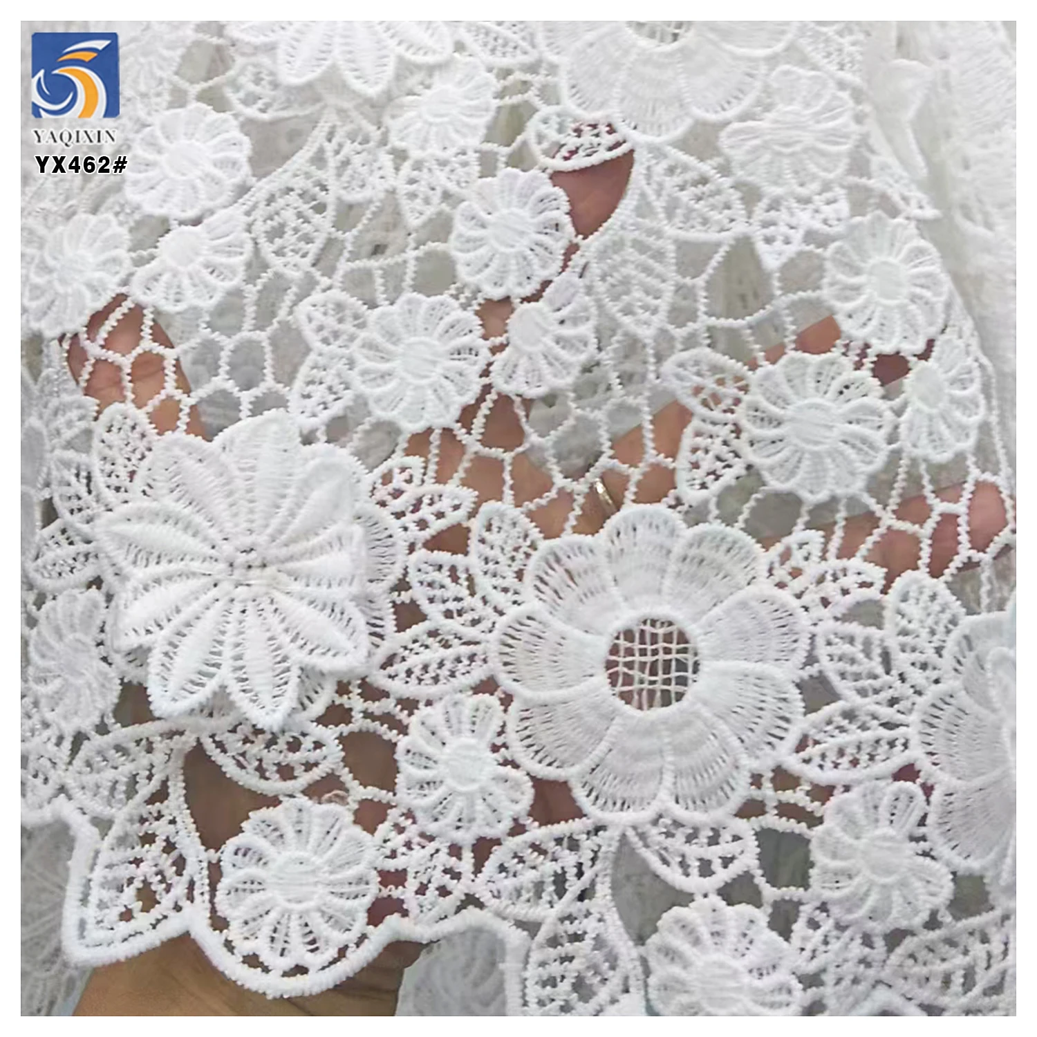 YX462 Wholesale 100 Polyester 3D Applique Lace Embroidery Fabric Poly Water Soluble Milk Silk Lace White Fabric - 图片 4