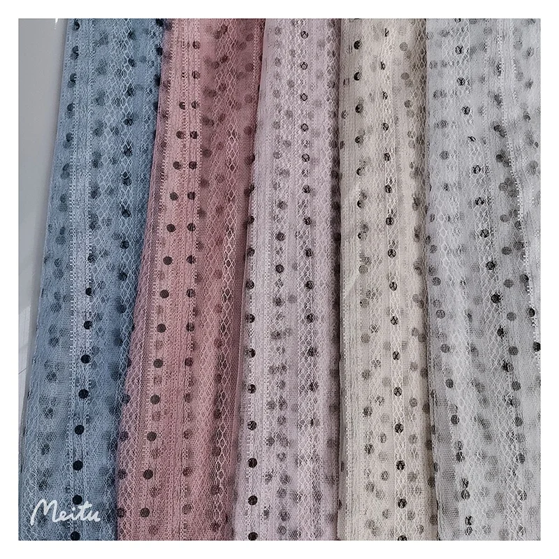 New Fashion Tulle Fabric Stripe Jacquard Mesh Fabric With Black Dotted Printed Tulle Fabric for Ladies Shirts - 图片 5