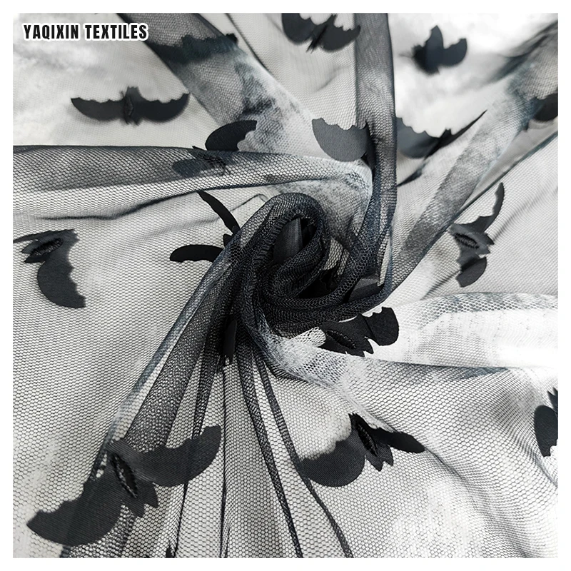YX2265 New Black and White Tie-Dyed Polyester Mesh Tulle Fabric Embroidery Black 3D Bat Halloween 2025 Fabric Clothing Textile - 图片 4