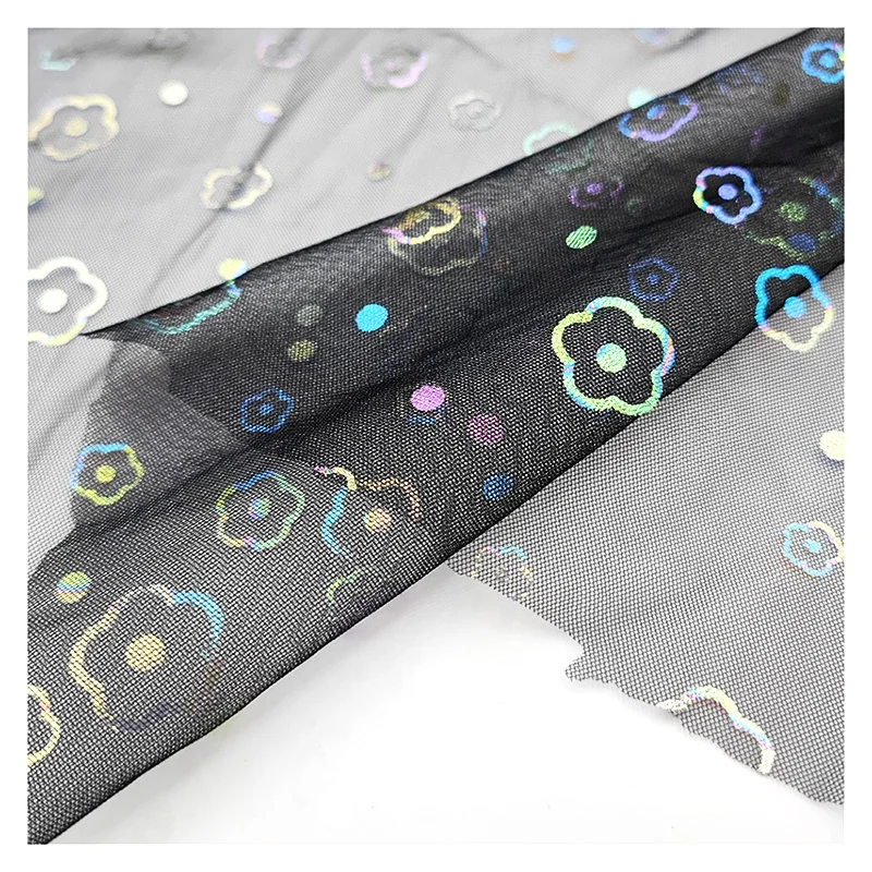 YX2017 2025 New Bud Print Illusion Mesh Foil Film Printed Tulle Fabric for Children's Dresses Fashion Gowns