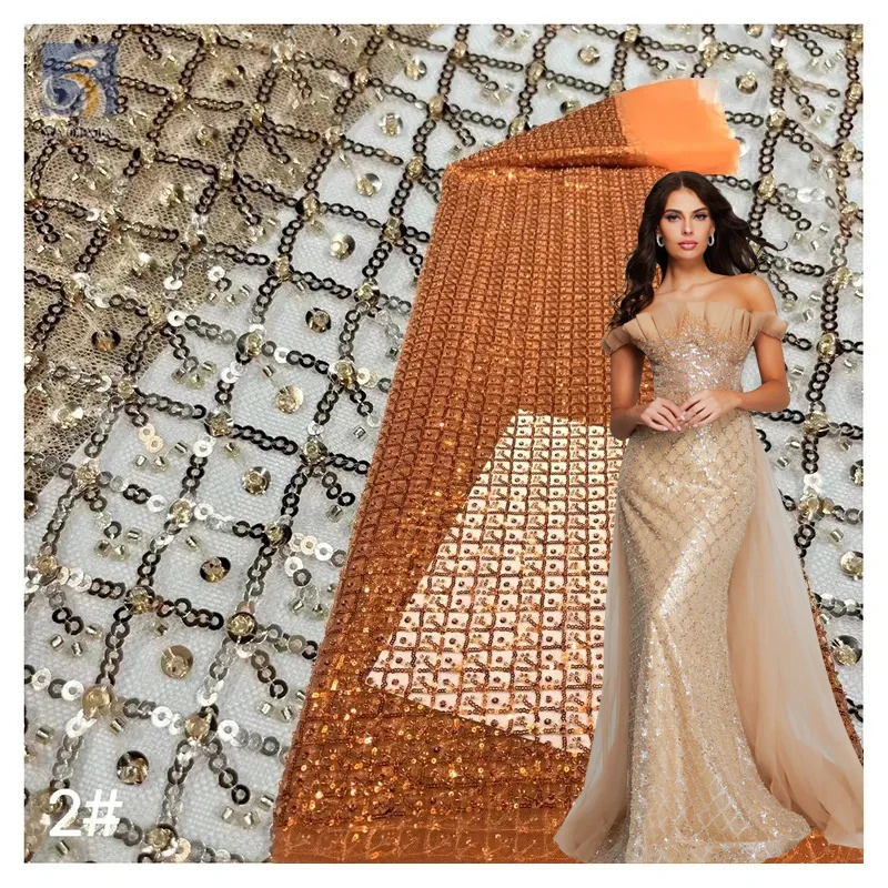 High Quality African Shiny Glitter Tassel Lace Fabric Fashion Sequin Embroidered Checkered Pattern High Quality Tulle Fabric