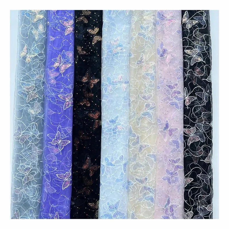 SCX005 Multicolor Gradient Sequins Embroidered Tulle Mesh Lace Fabric Women's Spring Dress Fabric - 图片 3