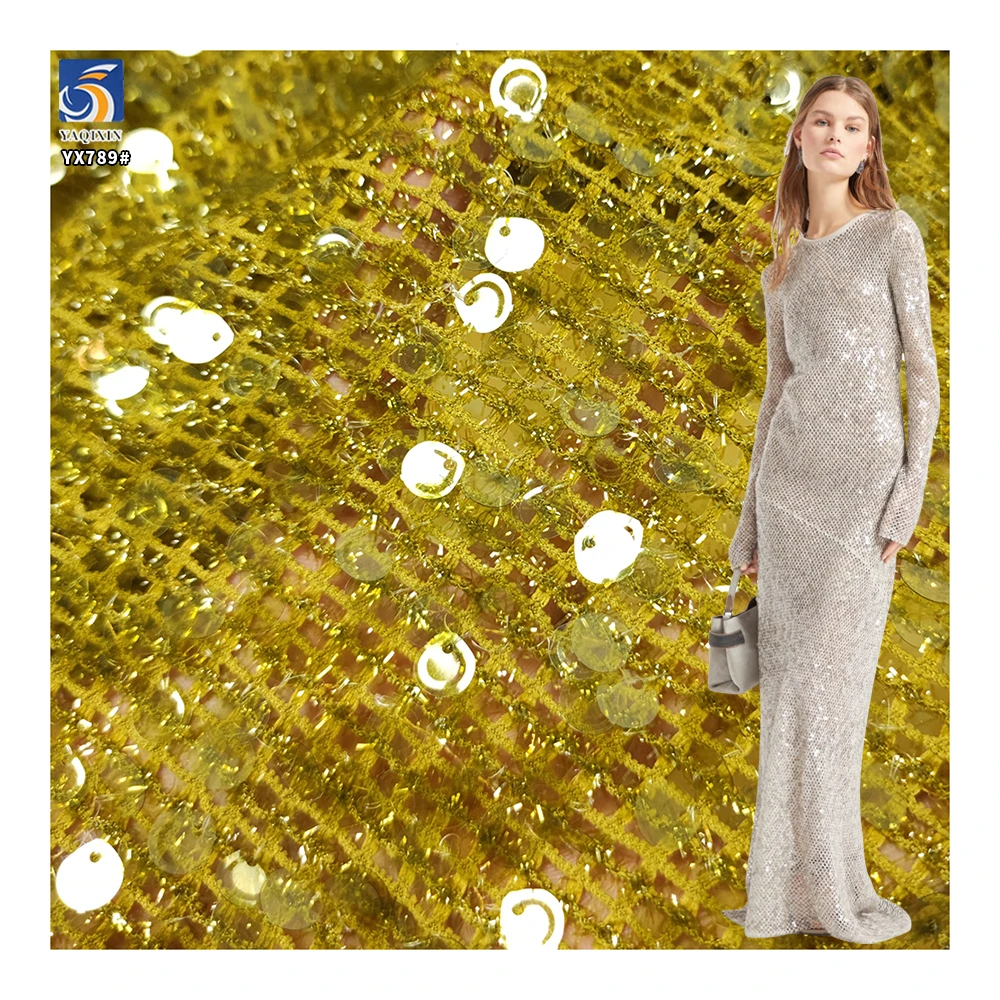 YX789 Custom Stretch Golden Sequin Embroidered Fabric Mesh Metallic Dot Knitting Sequin Stretch Fabric for Dresses - 图片 2