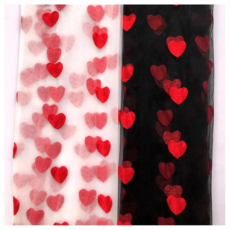 Romantic Red Heart Embroidery Black Tulle Fabric Polyester Tulle Dress Fabric - 图片 3