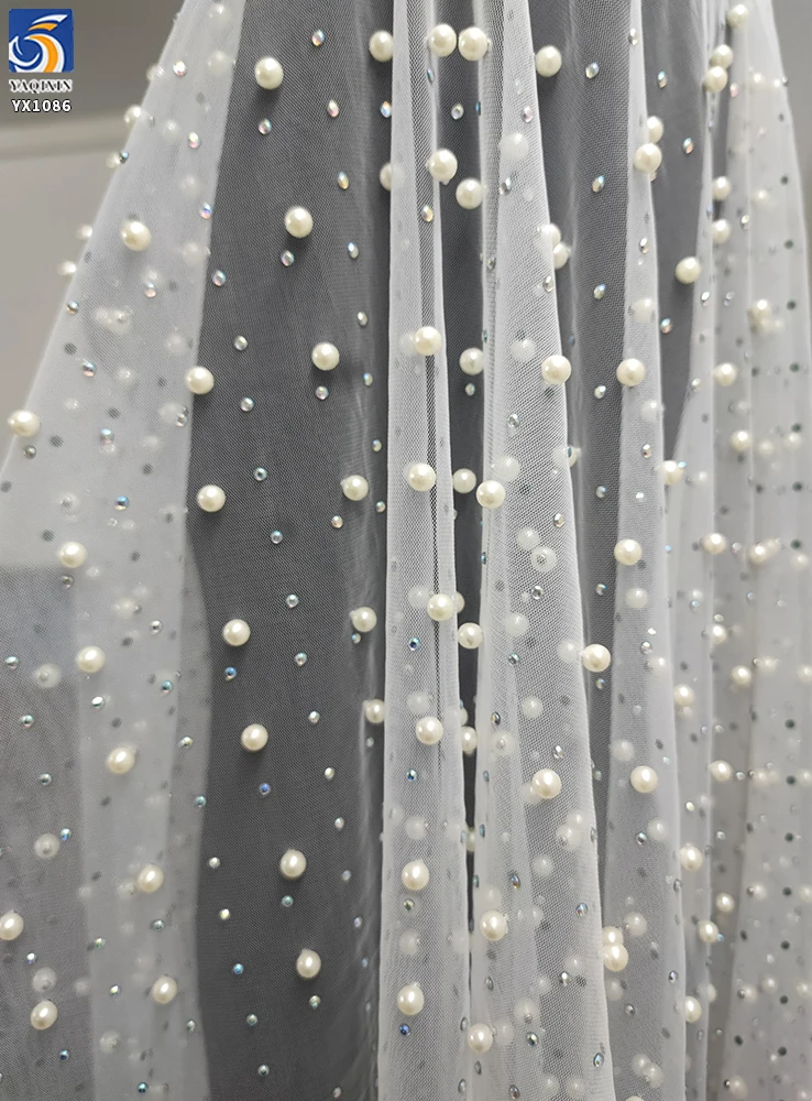 Luxurious Bead Wedding Tulle Mesh Lace Fabric with Pearl Diamond High Quality Handcrafted Dense 3D Beads - 图片 6