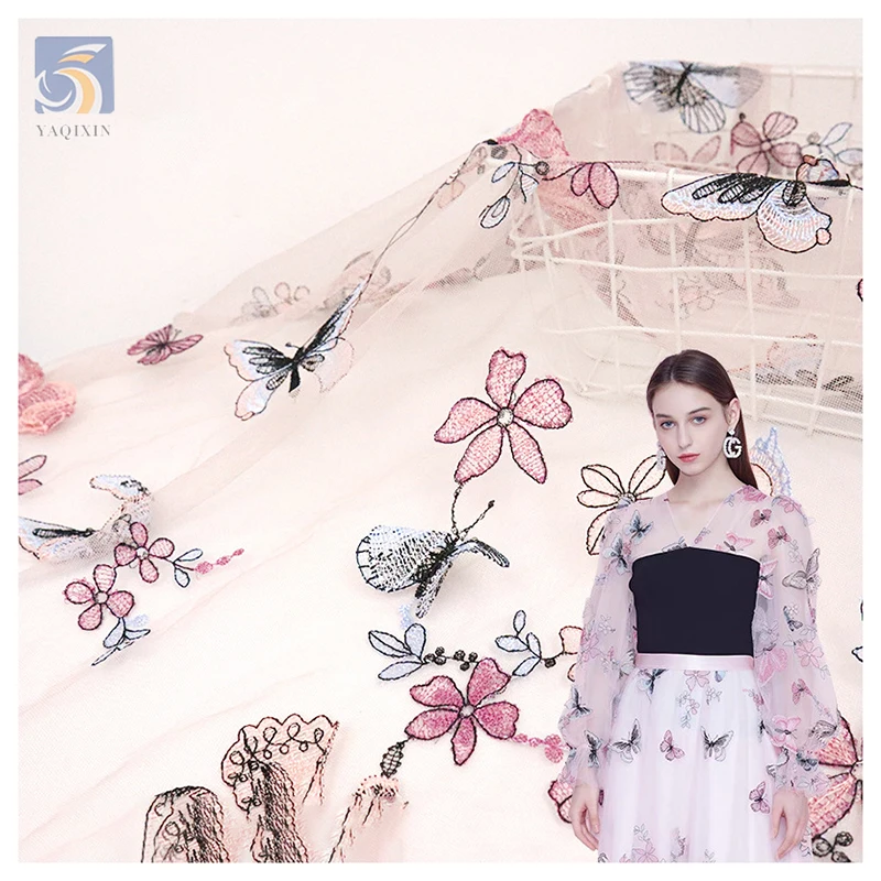 CXT20 Romantic French Woman Dress Mesh Tulle Fabric Embroidery Colorful Butterfly Fabric