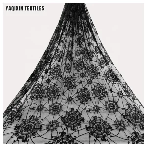 Yaqixin Spider Web Shape Design Black Flocked Stretch Mesh Lace Fabric 90 Nylon 10 Spandex Fabric 4Way Stretch