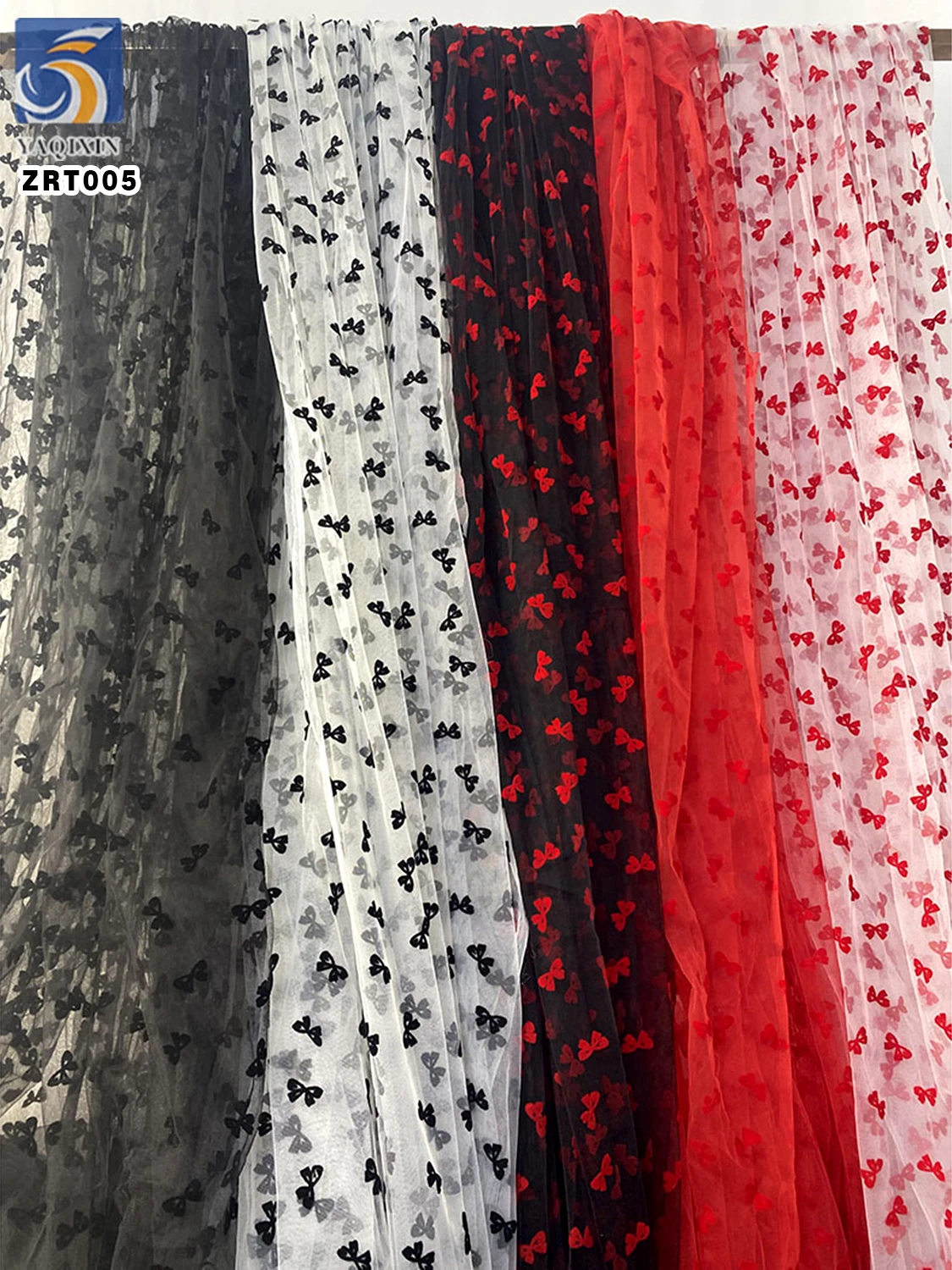 ZRT005 Romantic Flocking Black Rosette Bow Tulle Fabric Multi-Color Transparent Tulle Woman Dress Fabric - 图片 6
