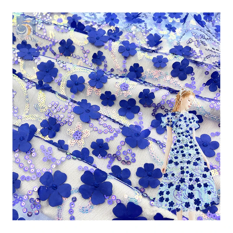 YX2730 2025 Latest Fashion Design Tulle Lace for Bridal Laser Embroidered 3D Flower Lace Fabric With Sequins