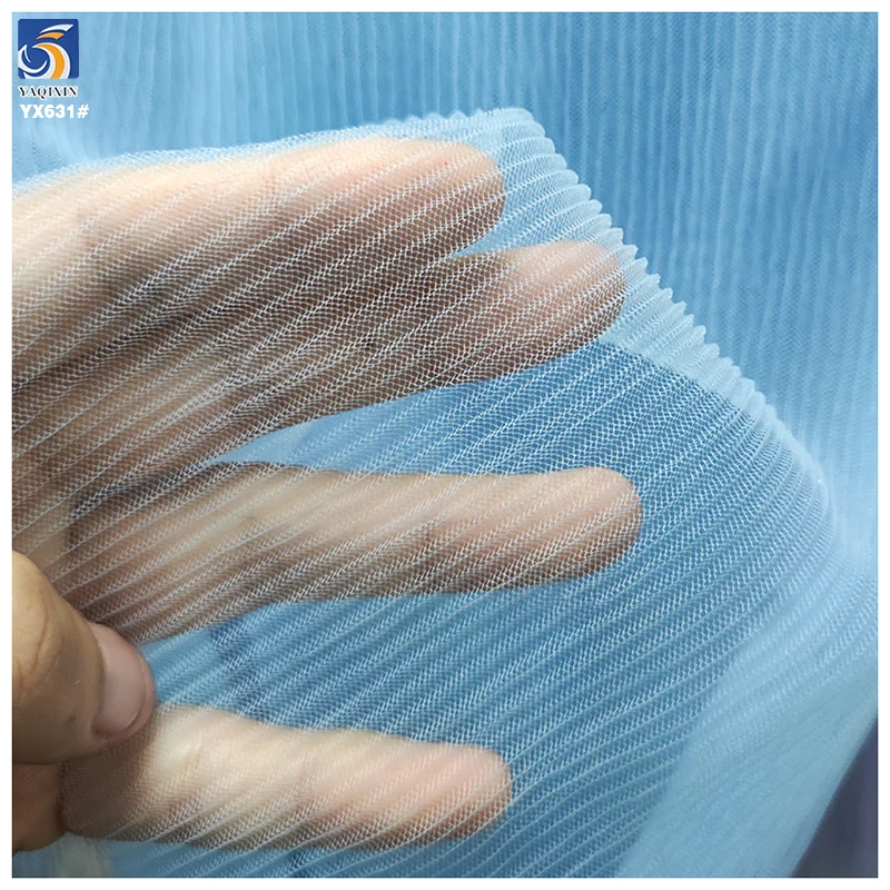 YX631 Lightweight Breathable 40gsm Polyester Blue Pleated Tulle Fabric Pleated Mesh Fabric for Summer Dresses