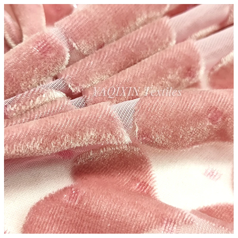 2026 New Arrivals Burnt Out Flocking Mesh Velvet Lace Fabric Heart Spandex Nylon Knitted Stretch Power Mesh Fabric - 图片 6