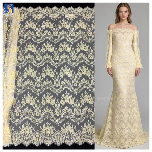 YX1334 2026 3m*1.5m OEM Custom-Dyed Lace Fabric Luxurious French Fashion Dresses Eyelash Gold Lace Fabric Embroidered