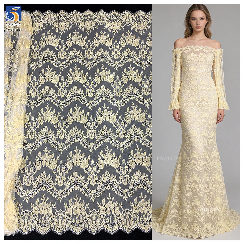 YX1334 2026 3m*1.5m OEM Custom-Dyed Lace Fabric Luxurious French Fashion Dresses Eyelash Gold Lace Fabric Embroidered