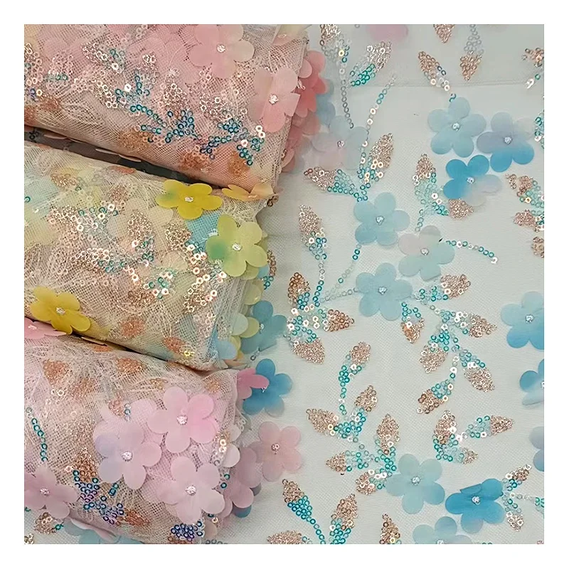 Multicolor 3D Flowers Embroidered Tulle Lace Fabric with Sequin Embroidery Tulle Fabric for Clothing - 图片 2