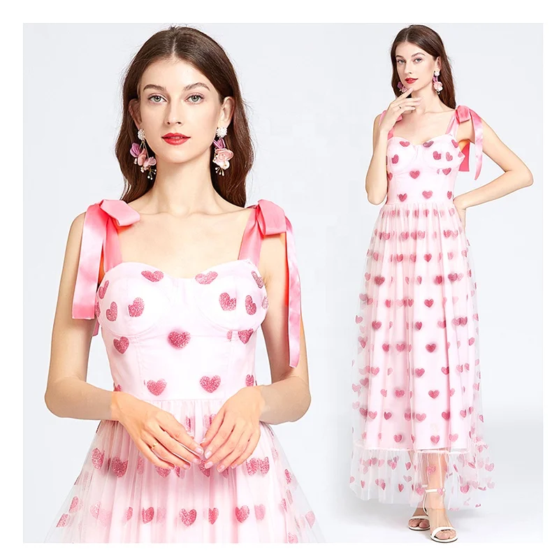 Sweet Pink Love Heart Pattern Glitter Print Tulle Fabric Lace Girl Casual Dress Fabric - 图片 4