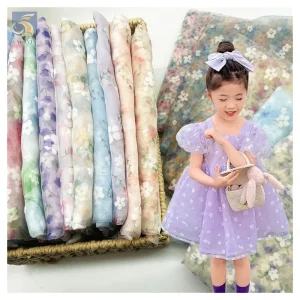 Stock Yards Soft 100% Nylon Organza Fabric Flocking Floral Flower Pattern Organza Fabric for Dress Christmas