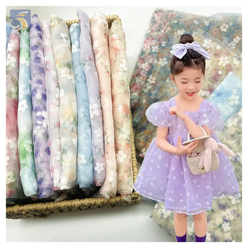 Stock Yards Soft 100% Nylon Organza Fabric Flocking Floral Flower Pattern Organza Fabric for Dress Christmas