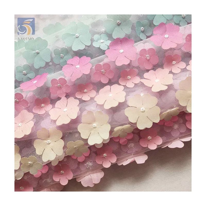 TDS001-2 Ombre 3D Tulle Fabric Hot Sales 100% Polyester with Embroidered Floral Colored Design for Girls' Garments - 图片 4