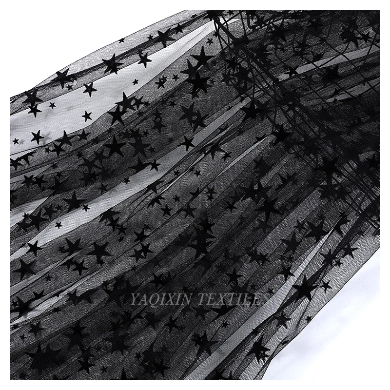 Deep Black Soft Tulle Mesh Fabric with Star Flocking Print for Women Dress Lining Fabric - 图片 3