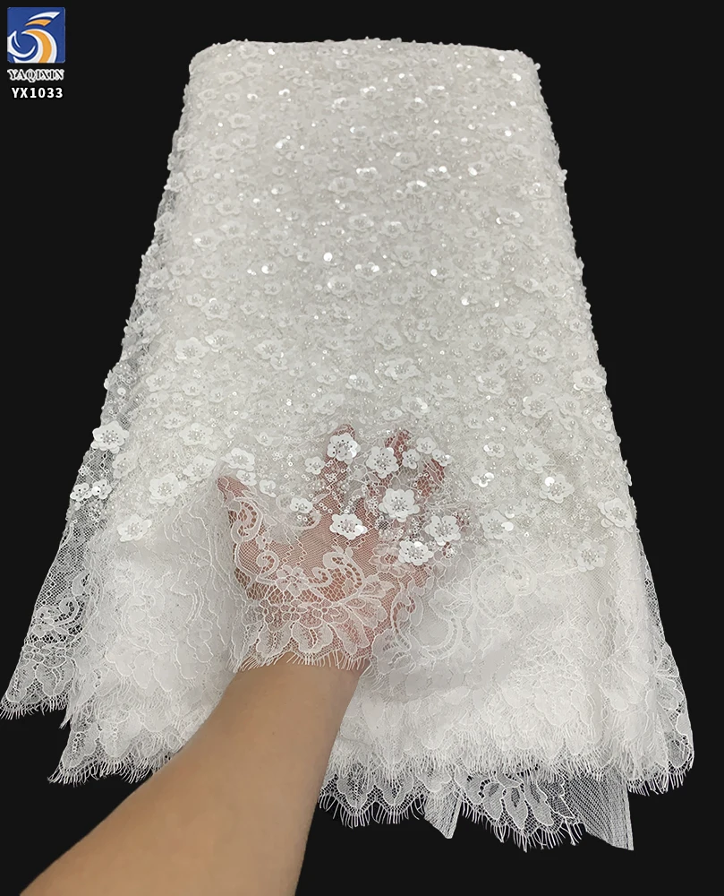 YX1033 New Materials 300CM*150CM Florals Sequins Beads Pearls 3D White Eyelash Lace Fabric for Women's Party Dress Wedding - 图片 6