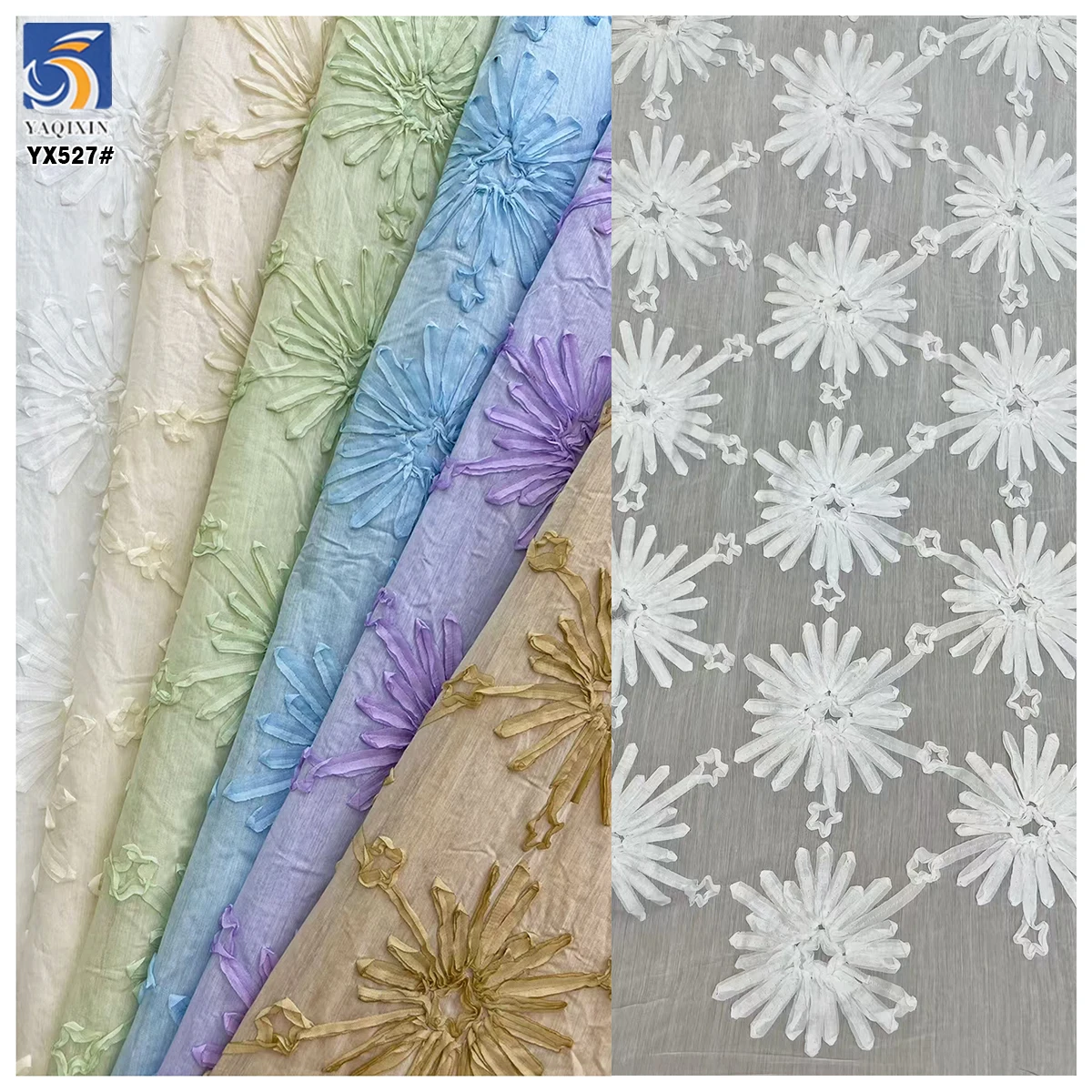 YX527 American White Chiffon Embroidery Fabric for Cheongsam Polyester 3D Embroidery Flowers Chiffon Fabric With Dots - 图片 3