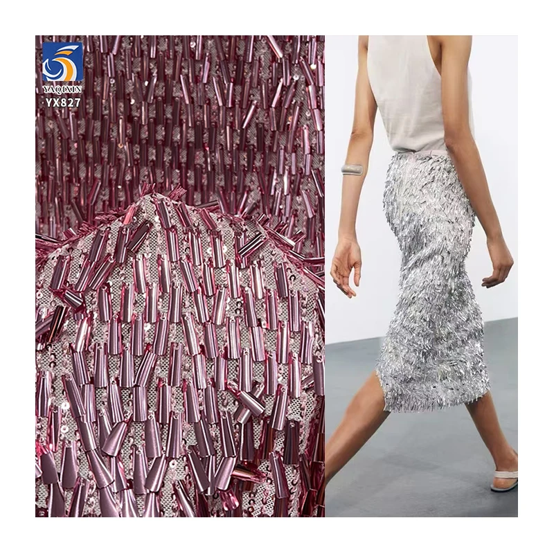 YX827 400gsm Three-Dimensional Glitter Metallic Tube Sequin 3mm Sequins Fabric Stretch Mesh Sequin Fabric for Skirt Bags - 图片 2