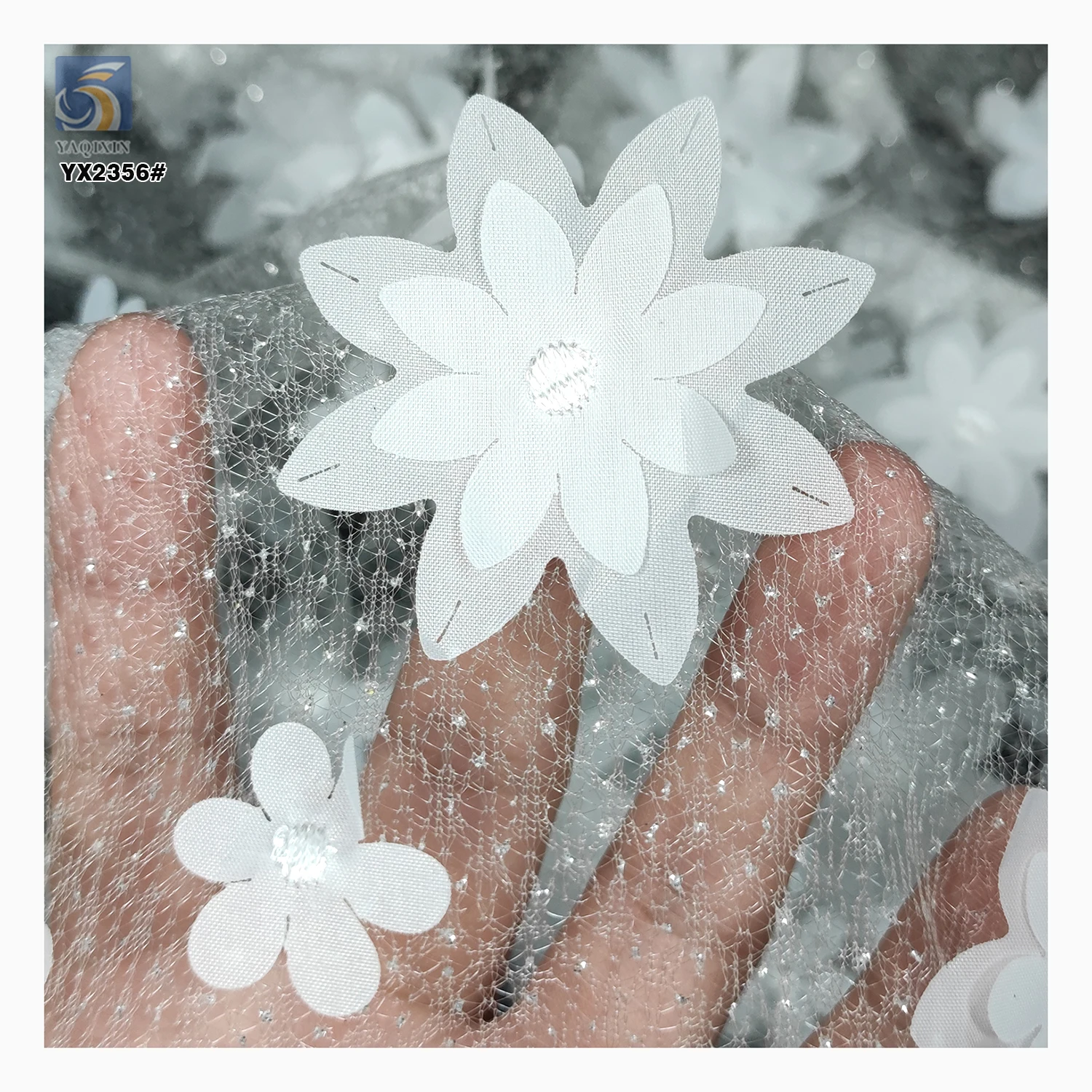 White 3D Small Flowers Embroidery Mesh Wedding Lace Fabric Lolita Clothing Sparkle Glitter Net Tulle Fabric - 图片 4