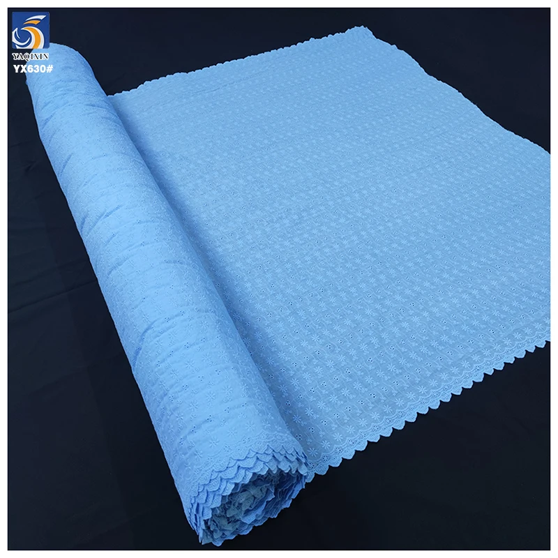 YX630 Fashion Color Sky Blue 100% Cotton Water-Soluble Lace Embroidery Fabric Girls Skirt Floral Cotton Fabric - 图片 3