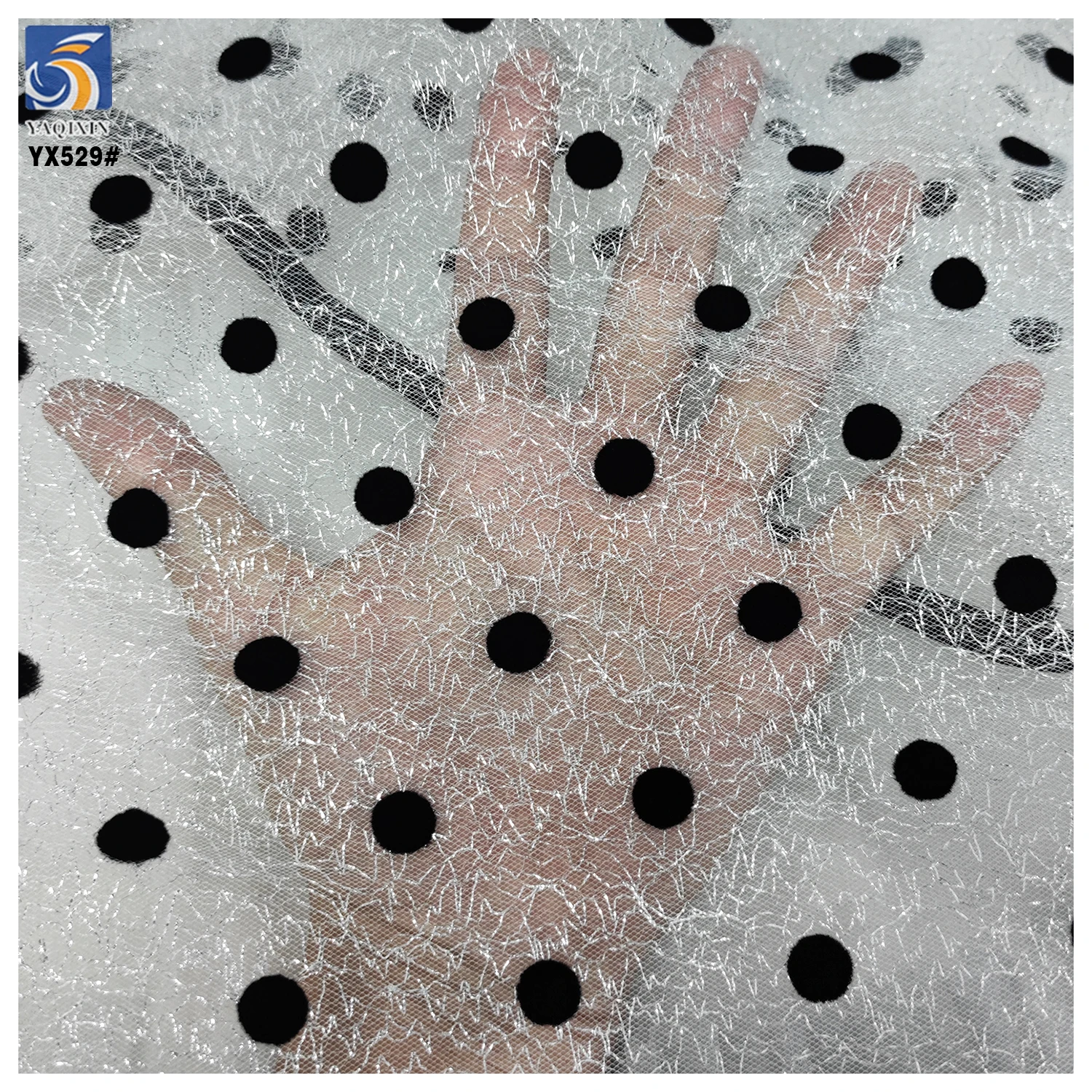YX529 China 2025 New Technology Fabric Polyester Black Flocking Mesh Fabric 1cm Polka Dot Fabric for Dresses - 图片 4