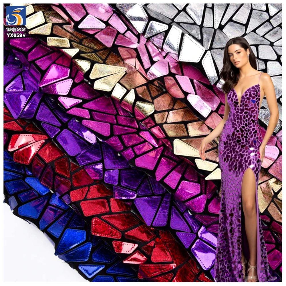 YX659 Geometric Laser Embroidery Glitter Shiny Sequin Fabrics Fashion Polyester Velvet Shiny Stage Dance Skirt Fabric