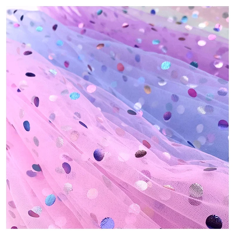 DX119 Cheap 100% Polyester Multicolor Big Dot Foil Stamping Tulle Fabric Net - 图片 5
