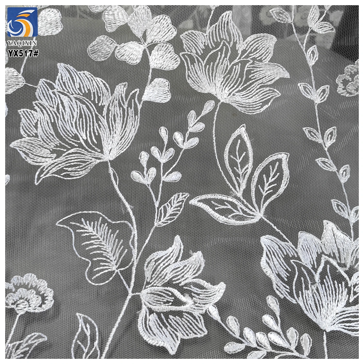 YX517 2025 China Factory Plain White Net Embroidered Flower Fabric Soft Tulle Lotus Flowers Embroidered White Fabric - 图片 4