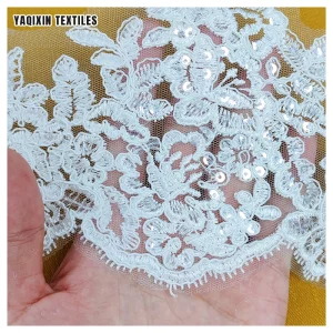 KFE004 Handmade 18cm Wide Sequin Embroidered Lace Trim White Wedding Dress Accessories Lace Trim